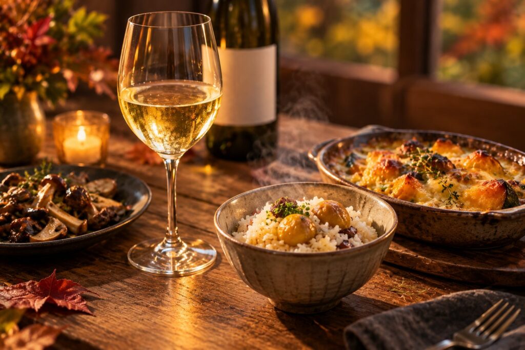 白ワインのグラスと、栗ご飯・かぼちゃのグラタン・きのこのソテーが並ぶ秋の夕食