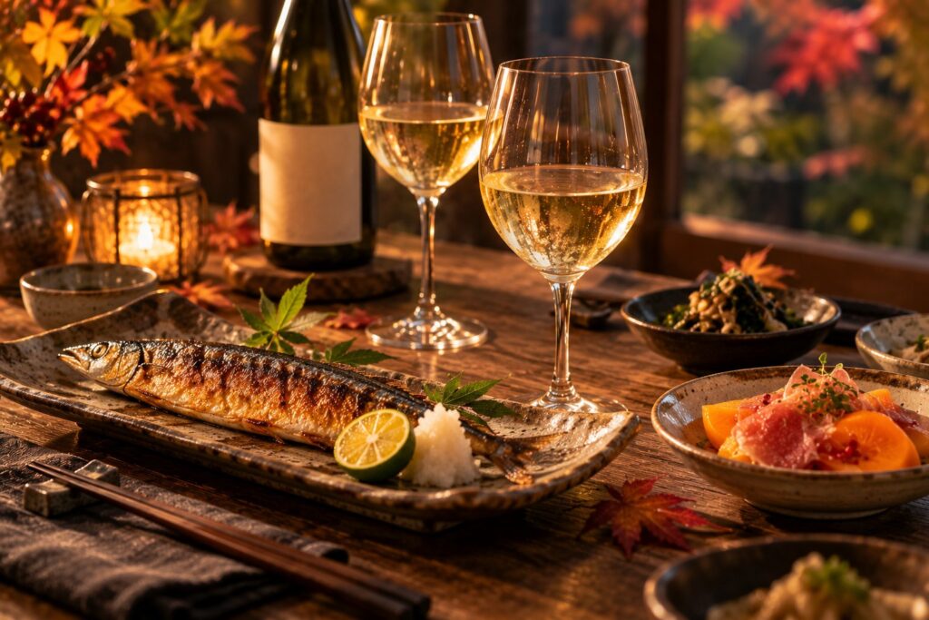 白ワインのグラスと、すだちを添えた秋刀魚の塩焼き、柿と生ハムなど秋の和の食卓